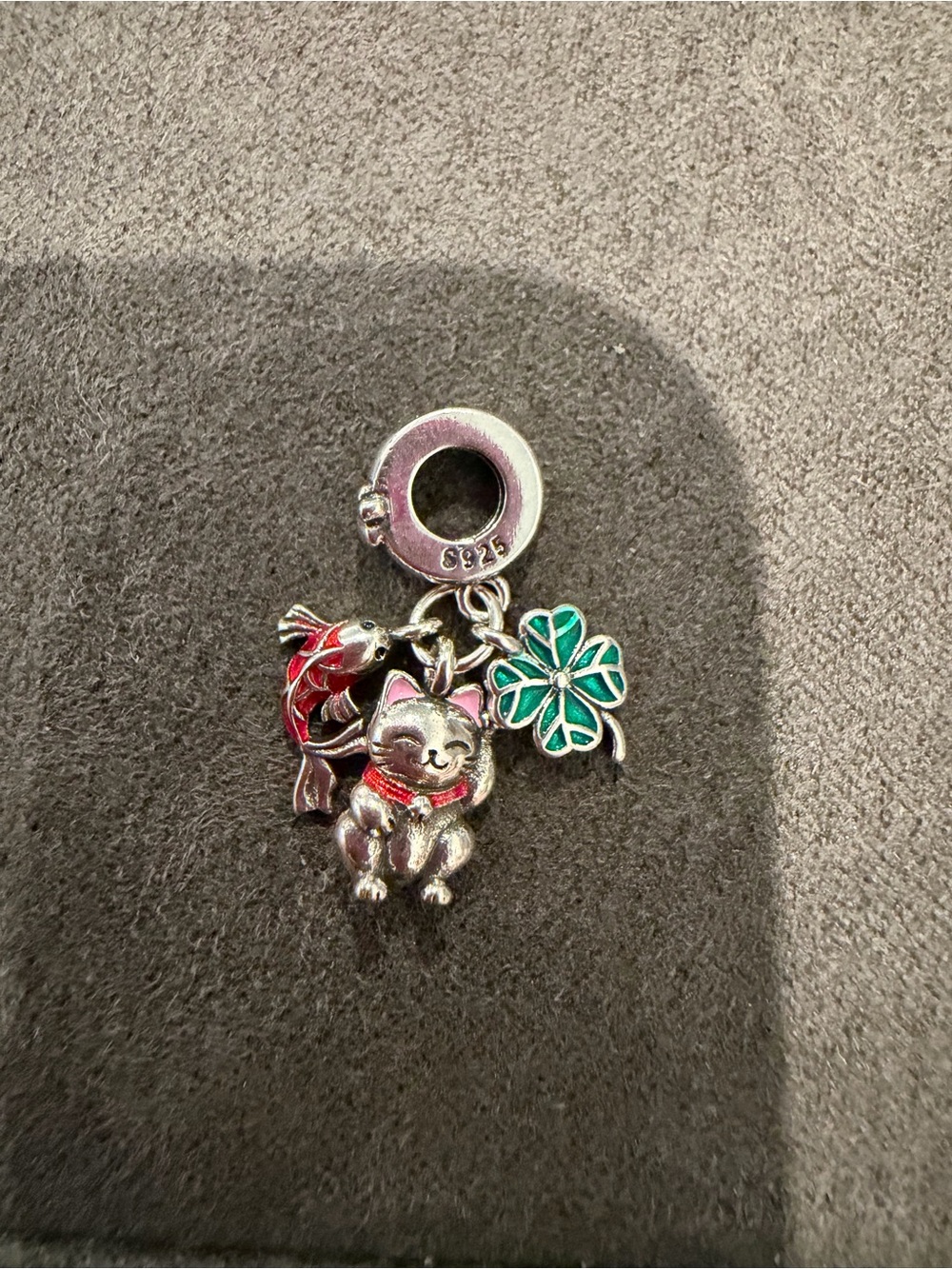 Pandora Sterling Lucky Cat Charm with Green Clover & Red Fish Accents